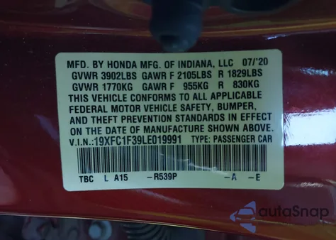 2020 Honda Civic Ex z USA, uszkodzony, nr VIN 19XFC1F39LE019991